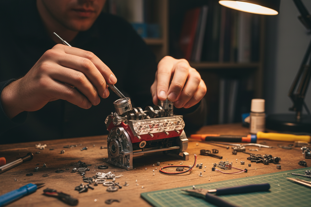 Person assembling engine model kit